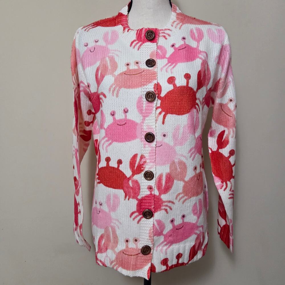 NWOT L Novelty Cardigan Sweater Crab Print Long Sleeve Round Neck Button
